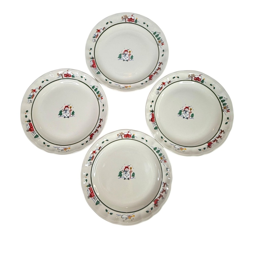 4 Pfaltzgraff Snow Village‎ Dinner Plates Set 11 Inch Christmas Snowman Vintage
